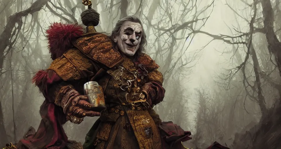 Prompt: robert de niro as medieval joker, crazy colorful clothing with a heavy golden mace in his left hand and a beer jug in his right hand, full body portrait with high detailled face, symmetrical face, intricate details, wandering through a forbidden forest, trending on artstation, 8k hyperrealistic, style of peter mohrbacher, octane render, unreal engine