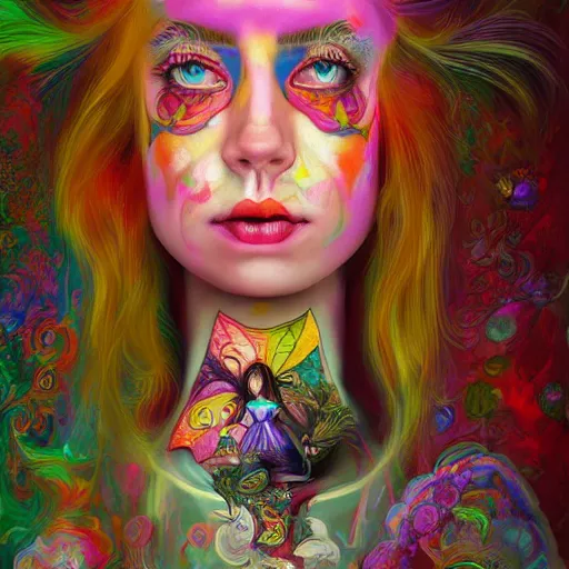 Image similar to An extremely psychedelic portrait of Alice , in wonderland , surreal, LSD, face, detailed, intricate, elegant, lithe, highly detailed, digital painting, artstation, concept art, smooth, sharp focus, illustration