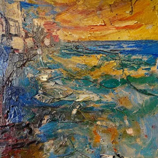 Image similar to oil paint impasto relief, beautiful italian beach scene, multi layered thick brush marks, some splattered paint, in the style of monet and frank auerbach