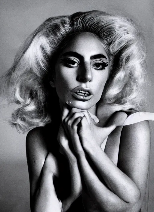 Prompt: lady gaga in a 1 9 8 0 s themed photoshoot, nick knight, annie leibovitz, posing, style, vogue magazine, highly realistic. high resolution. highly detailed. dramatic. 8 k. 4 k.