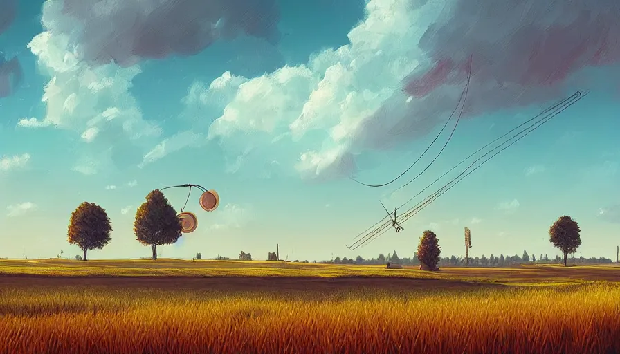 Image similar to colourful sky, wheat field, radio antenna, big trees, matte painting, art station, digital art, simon stalenhag