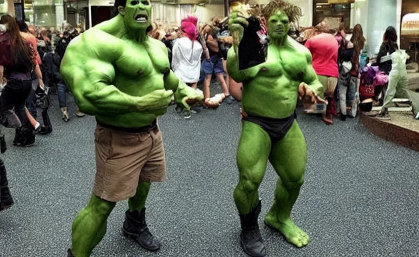 Image similar to a bad quality picture of a dude poorly cosplaying the incredible hulk,