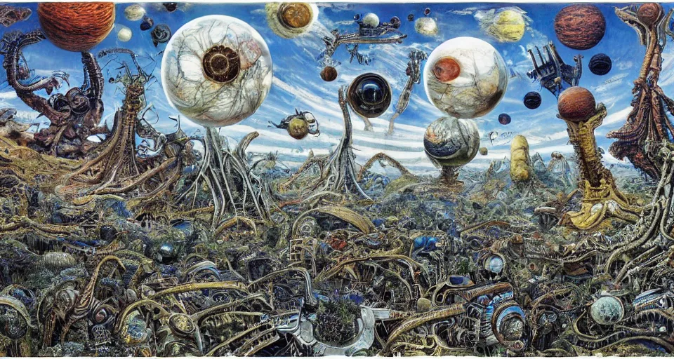 Prompt: alien planet, inhabited by giant aliens, dichromatism, 8 k, super - resolution, massive scale, insanely detailed and intricate, hypermaximalist, elegant, ornate, hyper realistic, super detailed, by ralph steadman