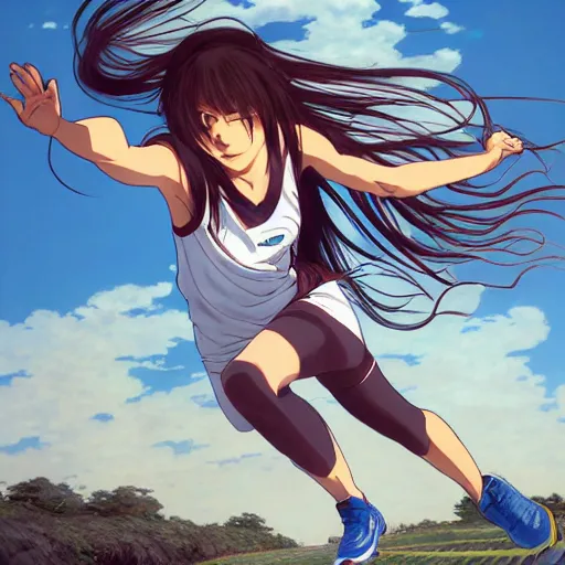 Prompt: a girl is running, sport clothing, anime style, long hair, hair down, symmetrical facial features, realistic hands anatomy, from yowamushi pedal, hyper realistic, rule of thirds, extreme detail, detailed drawing, trending pixiv, realistic lighting, by alphonse mucha, greg rutkowski, sharp focus, backlit, high budget show