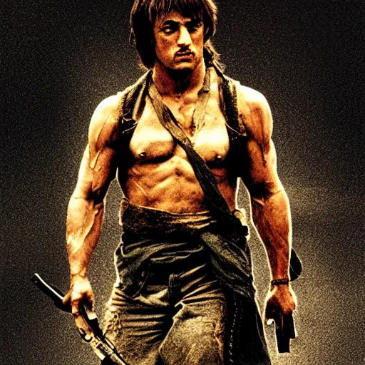 Prompt: rambo movie poster with black background