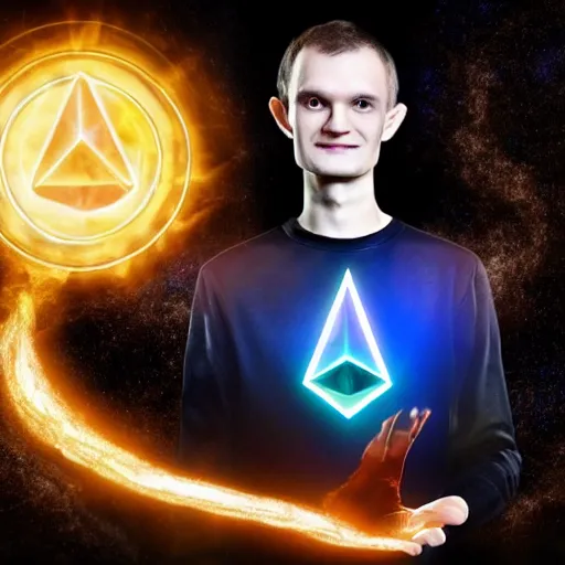 Prompt: Vitalik Buterin as an arcane wizard casting a spell , ethereum logo can be seen in the magic - Photo manipulated by DALLE