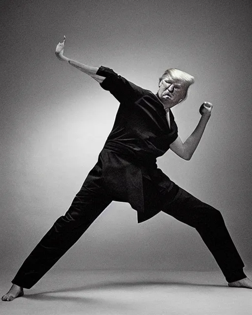 Image similar to Donald Trump practicing karate at the Shaolin temple, photorealistic, studio lighting, photographed in the style of Annie Leibovitz