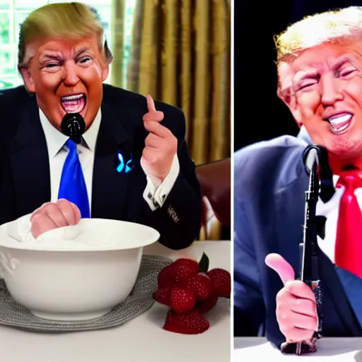 Image similar to donald trump is a crying baby in a highchair with pudding all over his face