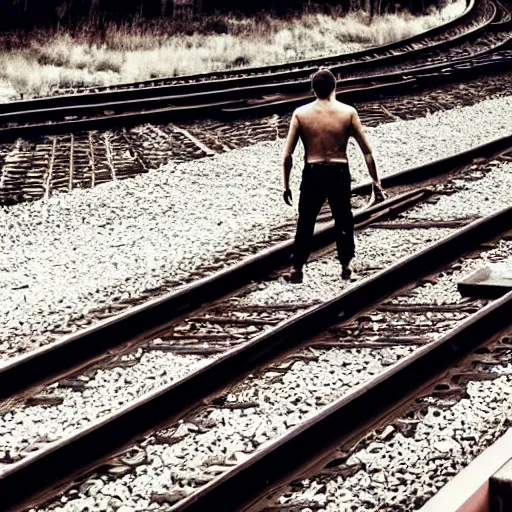 Image similar to justin sun bound in rope laying on train tracks,, beautiful cinematic lighting, epic composition, approaching train