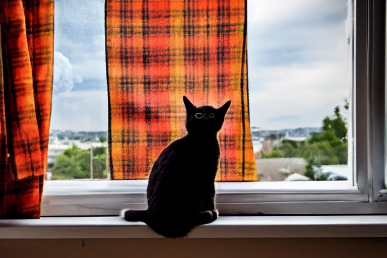 Image similar to cat sitting on the windowsill wrapped in a plaid, Mushroom cloud far behind