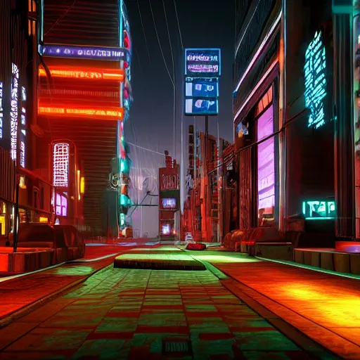 Prompt: 3 d render of a cyberpunk city street at night, high details in the style of alex grey