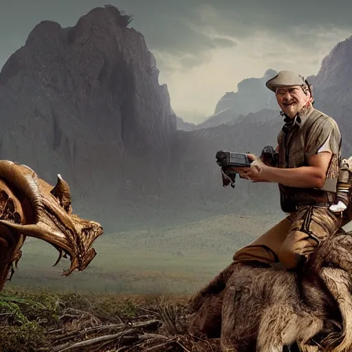 Image similar to colonial big game hunter sitting for a professional photo after shooting a large alien creature, matte painting, symmetrical, professional photo, wilderness behind