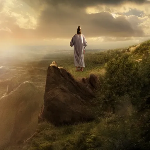 Image similar to Jesus Christ rising out from a tomb in a cliff side, cinematic perspective, movie shot, 8k, full hd