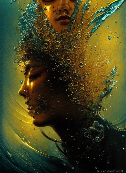 Prompt: portrait of water samurai, splashing water against black background, digital art, highly detailed illustration, Karol Bak, golden ratio, rule of thirds