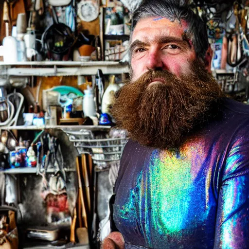 Image similar to a bearded man, painted with iridescent bodypaint, standing in his cluttered garage, he is covered with barnacles