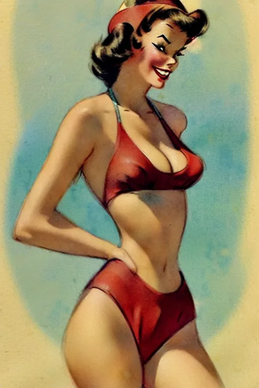 Image similar to 1950s adventure bikini girl, character illustration. muted colors, by Jean-Baptiste Monge