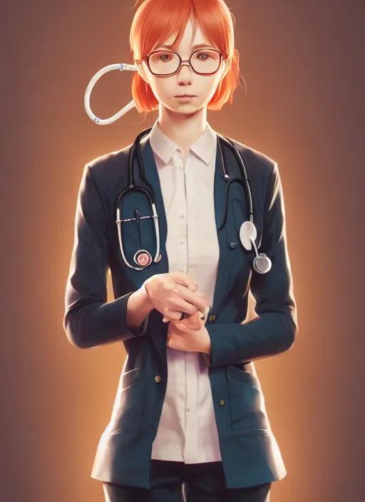 Image similar to detailed, sharp, full body portrait of a female physician holding a stethoscope by Ilya Kuvshinov and Anna Dittmann and studio ghibli and WLOP and Rossdraws, digital art, surreal, trending on artstation, anime arts, featured on Pixiv, HD, 8K, highly detailed, good lighting, beautiful, epic, masterpiece