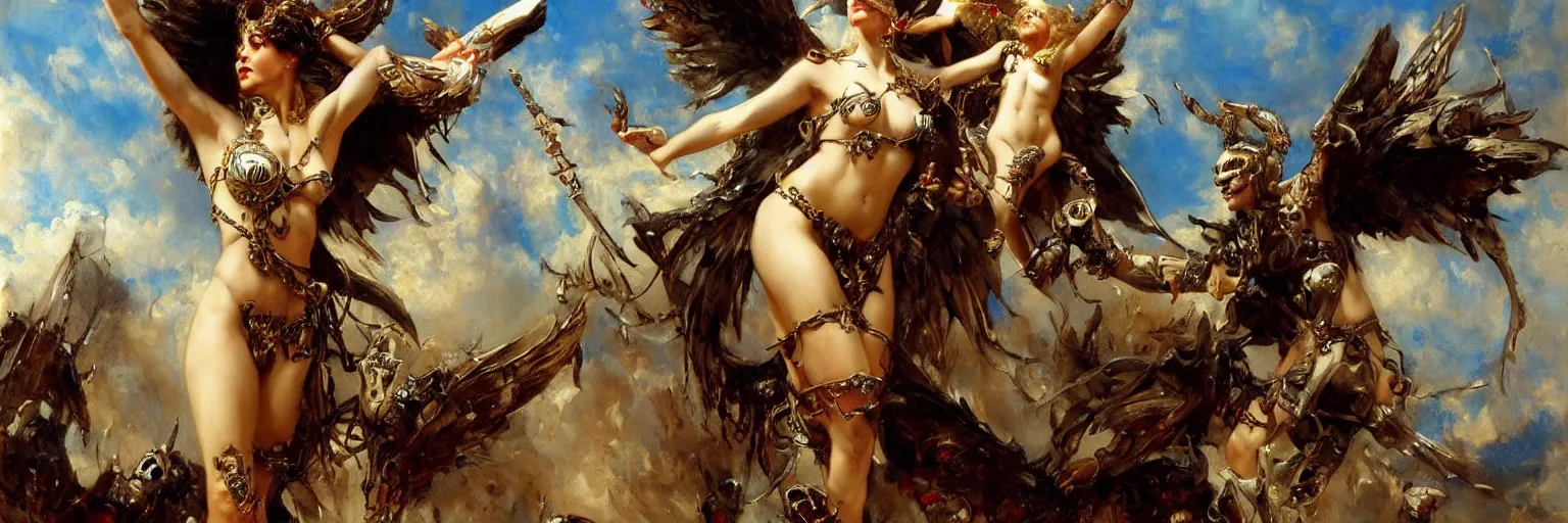 Prompt: a nymph wearing a broken black armor floating in the sky ready to fight angels, the nymph is wearing jewellery and is holding skulls in her hands, extremely realistic and highly detailed painting by gaston bussiere and j. c. leyendecker 8 k