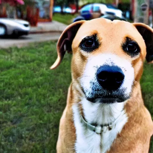 Prompt: a low-resolution cellphone photo of a dog with a realistic human face