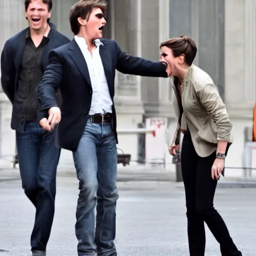 Prompt: tom cruise screaming and jumping on emma watson