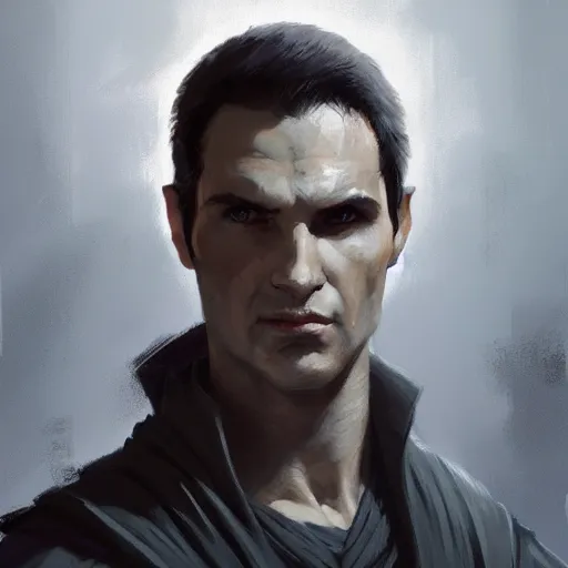 Image similar to portrait of a man by greg rutkowski, jedi knight, he looks like sam witwer wearing black jedi robes, star wars expanded universe, he is about 2 0 years old, highly detailed portrait, digital painting, artstation, concept art, smooth, sharp foccus ilustration, artstation hq