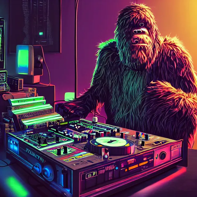 Image similar to a portrait of an anthropomorphic cyberpunk bigfoot dj at the turntables, detailed render, tape deck, boombox, headphones, epic composition, cybernetics, 4 k realistic, cryengine, realistic shaded lighting, sharp focus, masterpiece, by matteo scalera, gary montalbano, peter elson in the style of the tokyo ghost comic