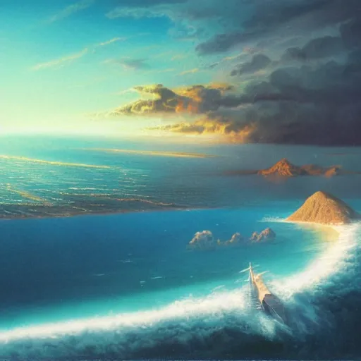 Image similar to beautiful matte painting of golden shores of a blue dreamy ocean, heavenly island in the clouds floating above the ocean, spaceship flying by, towering mountains emerging from the ocean, entrance to a city, sci - fi, daylight, blue sky, cinematic lighting, cinematic perspective, syd mead, john harris, federico pelat