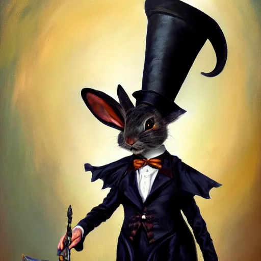 Prompt: oil painting of an anthropomorphic rabbit dressed like a female magician with long ears, holding a top hat and a magic wand, urban fantasy art by seb mckinnon, artstation npc character design, top - rated