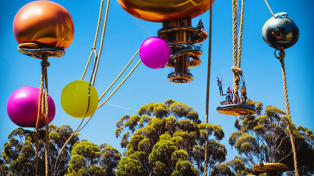 Image similar to large colorful futuristic space age metallic steampunk balloons with pipework and electrical wiring around the outside, and people on rope swings underneath, flying high over the beautiful melbourne in australia city landscape, professional photography, 8 0 mm telephoto lens, realistic, detailed, photorealistic, photojournalism