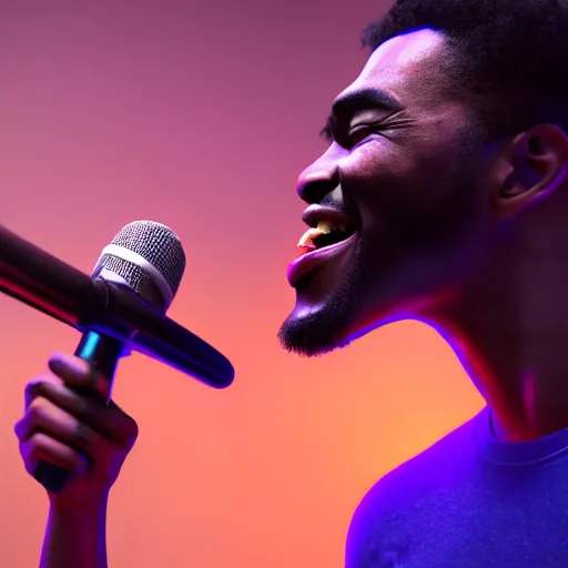 Image similar to a black man singing with all teeth shown ultra realistic, lens flare, atmosphere, glow, detailed, intricate, full of colour, cinematic lighting, trending on artstation, 4 k, hyperrealistic, focused, extreme details, unreal engine 5, cinematic, masterpiece, ultra realistic, hyper realistic, highly detailed, sharp focus, digital art