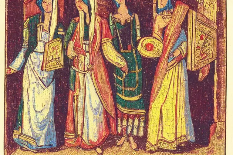 Image similar to parisian ladies on promenade byzantine style colour woodblock detailed fine quality print