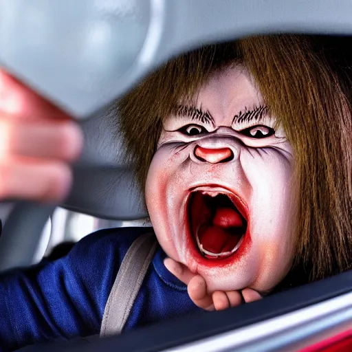 Prompt: a screaming chucky doll in rear view mirror