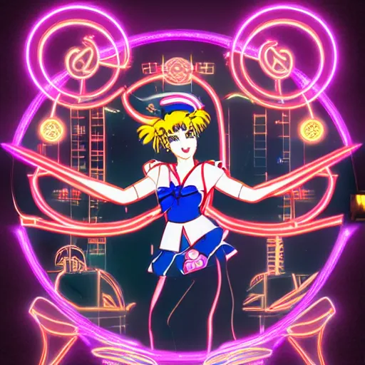 Image similar to portrait of sailor moon with arm tattoos, in the style of cyberpunk on the background of neon signs, symmetrical, single person