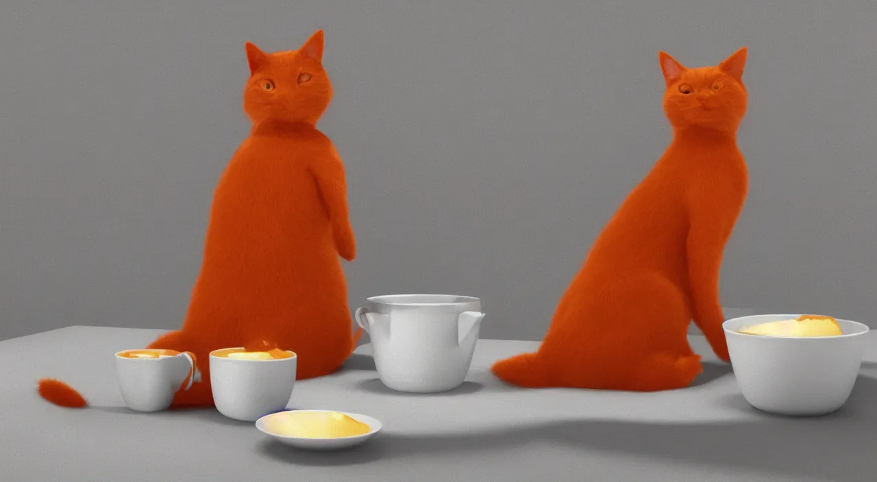 Prompt: orange cat, drinking milk in a bowl, digital art,octane render