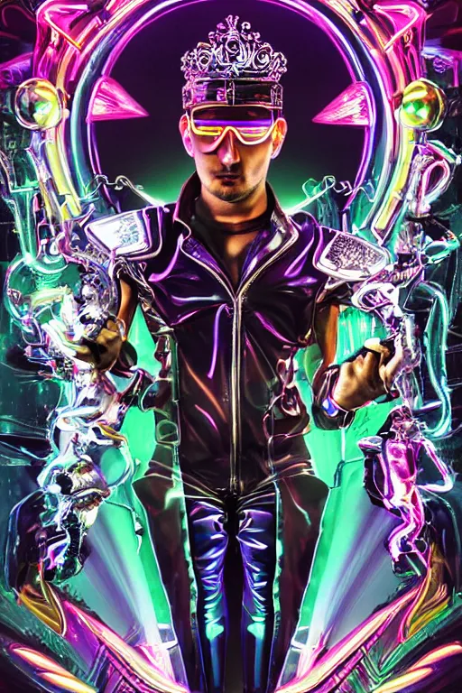 Image similar to full-body neon chrome bladerunner and baroque style sculpture of a young handsome Cuban prince wearing cholo shades as a half android with a porcelain chest opening exposing circuitry and electric sparks, glowing laser beam eyes, crown of giant diamonds, flowing neon-colored silk, fabric, raptors. baroque elements. full-length view. baroque element. intricate artwork by caravaggio. many many birds birds on background. Trending on artstation, octane render, cinematic lighting from the right, hyper realism, octane render, 8k, depth of field, 3D