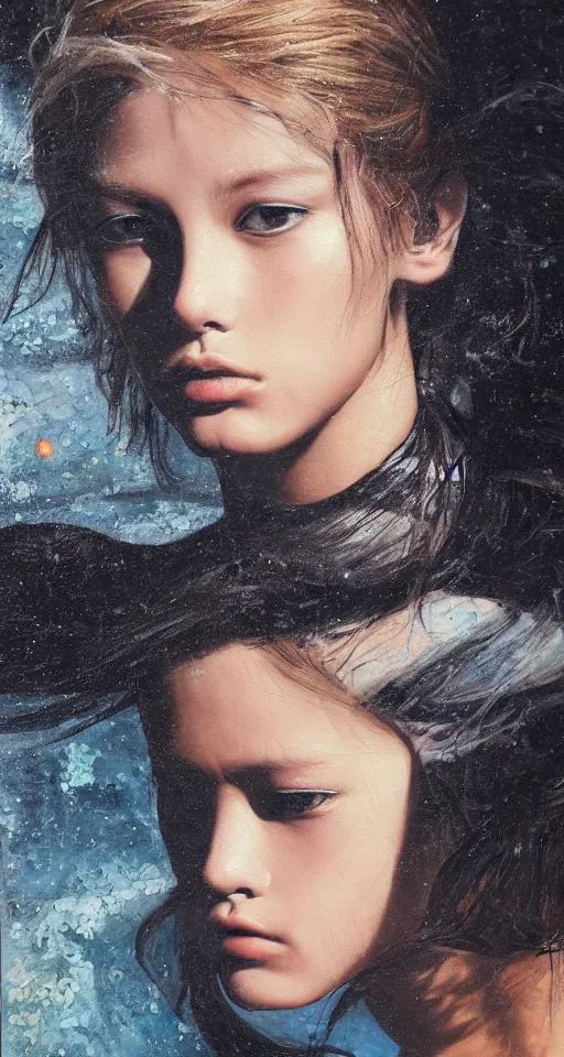 Prompt: hyperrealism oil painting, close-up view, portrait of fashion model , melted cyborg, sense of mystery and loneliness, childhood memory, old artbook, ocean pattern and night sky, in style of classicism mixed with 70s japan book art