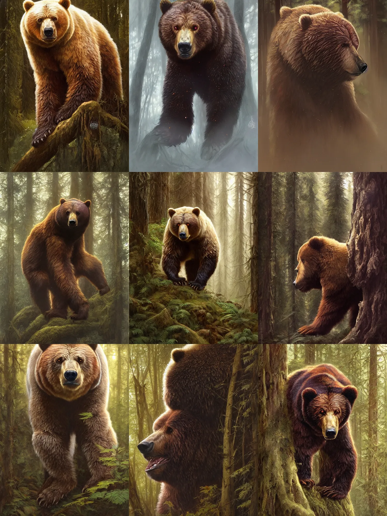 Prompt: great spirit bear in the dark forest, majestic, divine, brown, angry, highly detailed, detailed face, smooth, sharp focus, chiaroscuro, digital painting, artgerm, greg rutkowski, alphonse mucha, octane