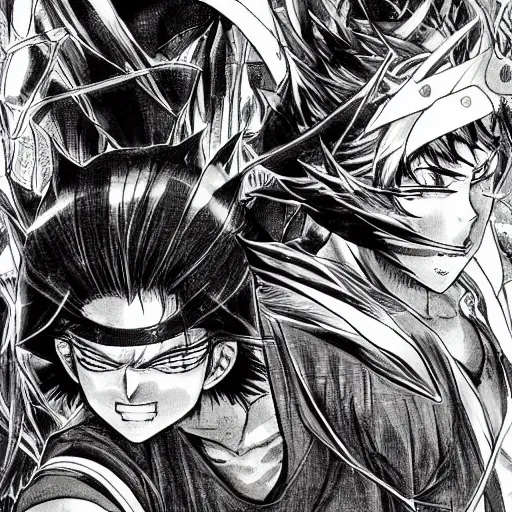 Prompt: manga, black and white illustration, by yusuke murata, highly detailed, focused