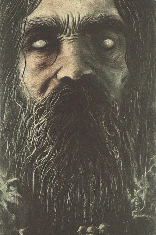 Prompt: magic the gathering card depicting charles manson, by zdzislaw beksinski, swamp, black