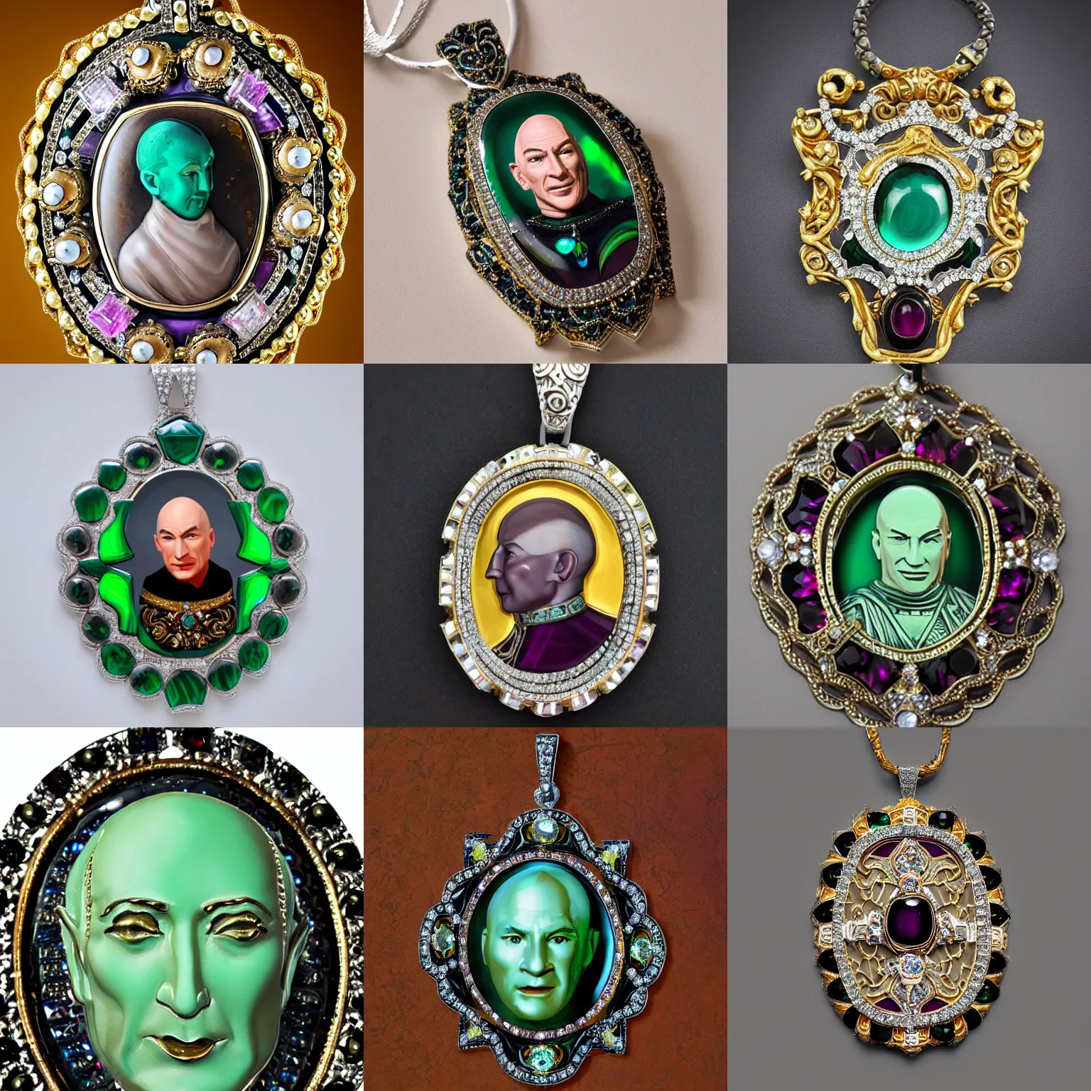 Prompt: photo of jeweled pendant, embossed face of Jean-Luc Picard, rococo, intricate baroque design, gold chain, made of tourmaline, fluorite, silver, malachite inlays, product photography