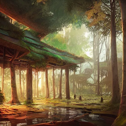 Image similar to concept art painting of treehouses made out of trees, walkways between trees, trees with doors and windows in a deep forest, realistic, detailed, cel shaded, in the style of makoto shinkai and greg rutkowski and james gurney