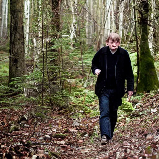 Prompt: mark e smith walking through the woods like sasquatch