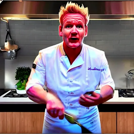 Image similar to hyper real Gordon Ramsey cooking a unicorn in kitchen 4k