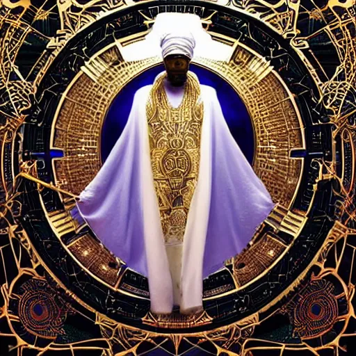 Image similar to symmetry!! an african moor wearing white robes and turban entering the voidspace. ornate, golden, steampunk stargate. front game card. marvel comics. dark. intricate. highly detailed. smooth. artstation. digital illustration by ruan jia, mandy jurgens, artgerm, wayne barlowe, greg rutkowski, and zdislaw beksinsk.