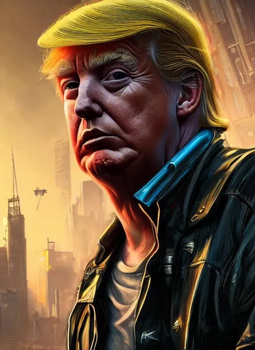 Prompt: portrait of Trump as a homeless character in Cyberpunk 2077, looking at camera, intricate, dystopian, sci-fi, extremely detailed, digital painting, artstation, concept art, smooth, sharp focus, illustration, intimidating lighting, incredible art by artgerm and greg rutkowski and alphonse mucha and simon stalenhag