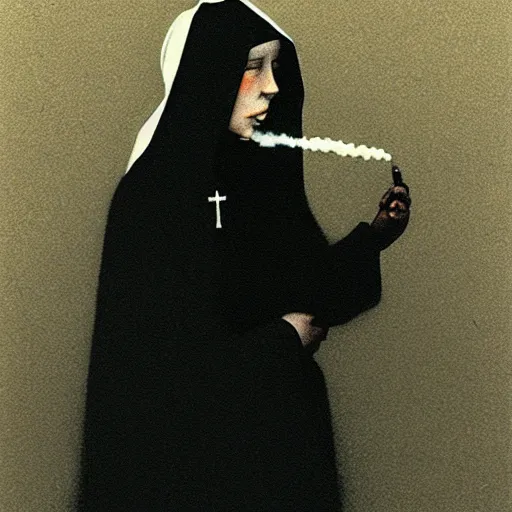 Image similar to a young black nun smoking and puffing lots of smoke, minimalistic background, by Beksinski