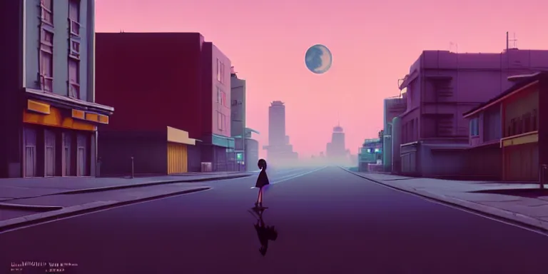 Image similar to an immaculate isometric cinematic keyframe matte painting of the silhouette of a young japanese girl standing in a wide sleek empty street 1 9 7 0 s vaporwave rust belt city at dusk with an oversized moon, just after the rain has cleared. by eric lafforgue, glennray tutor and edward hopper, greg rutkowski. trending on artstation.