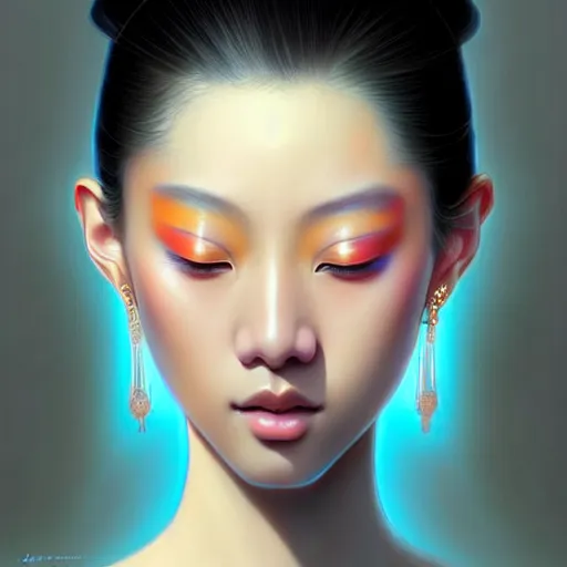 Image similar to digital painting of a close up face portrait of an elegant, beautiful, sophisticated, fashionable, pretty, young burmese - japanese depressed model, lucid pulsar star energy. intricate ornate detail, eye focus, by artgerm, range murata, jeremy lipking, trending on pinterest, artstation hq, vivid 8 k, film still.