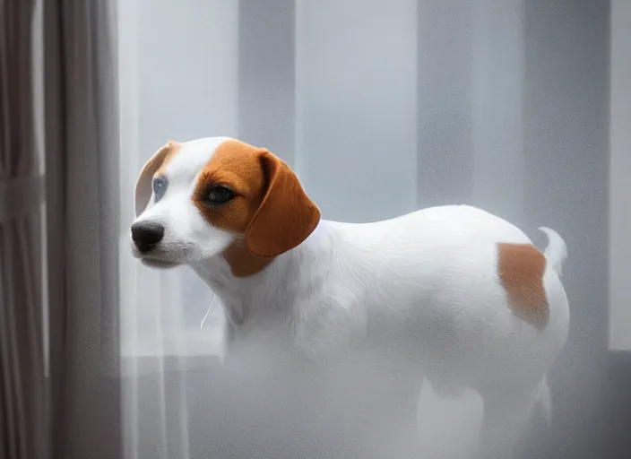 Image similar to photography of a Jack Russel . watching outside the window. on a bed. in a white room. octane render,volumetric light, volumetric fog, photorealistic,, award winning photo, 100mm, sharp, cloth, high res