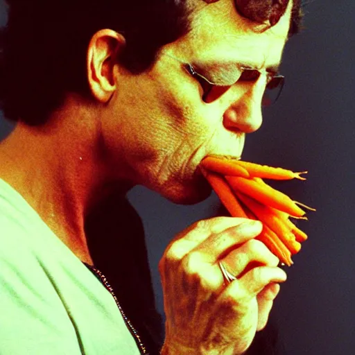 Prompt: lou reed smoking a carrot, photograph, professional, 4 k